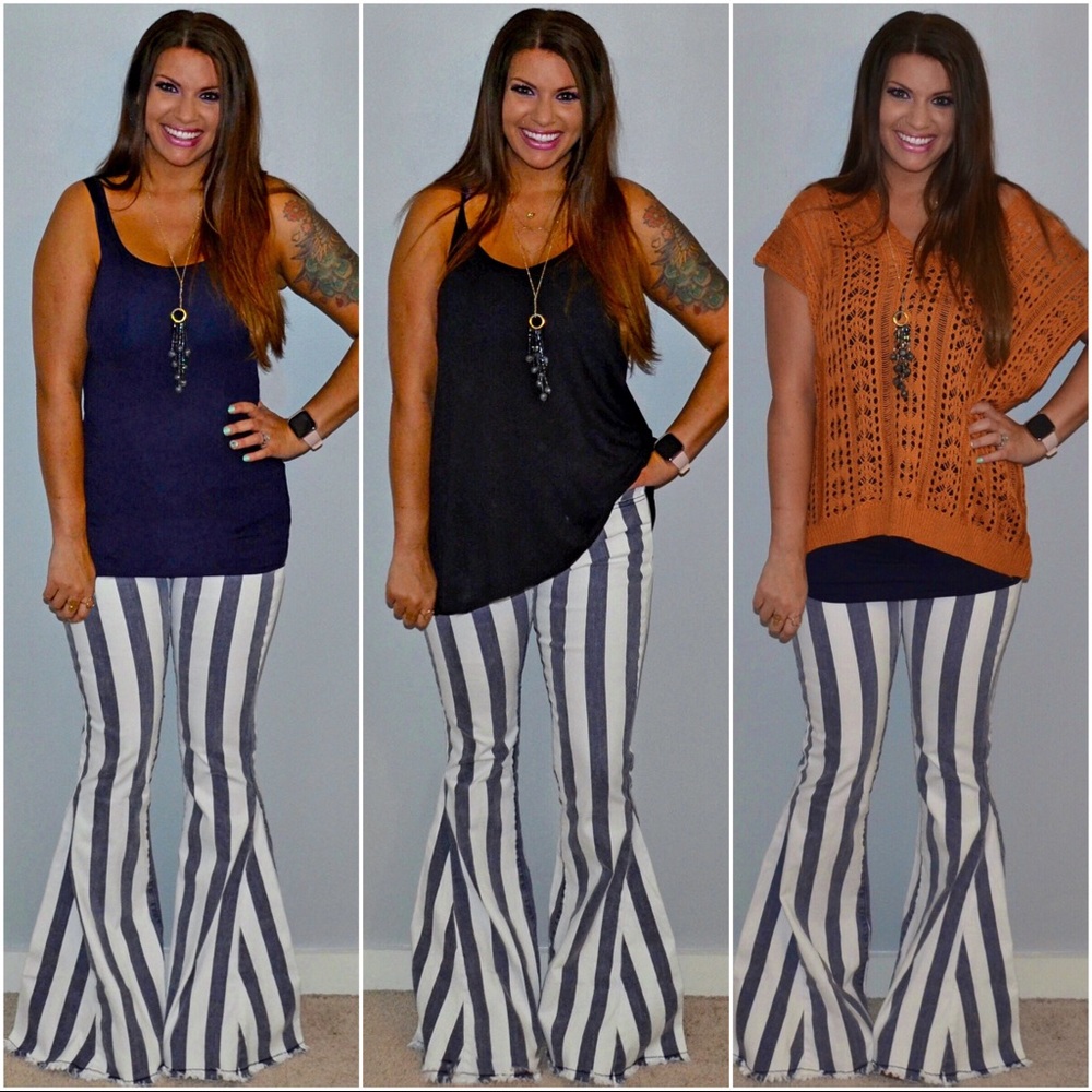 Striped Fringe Bell Bottom Jeans - Picture 2 of 9